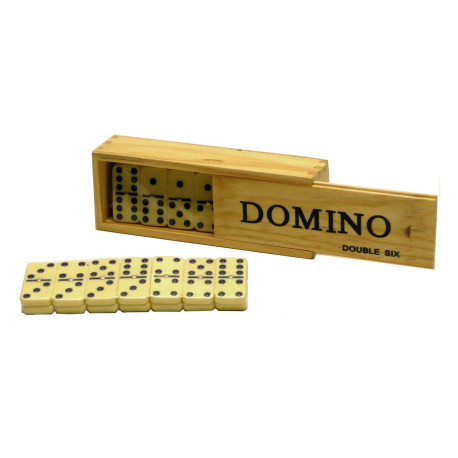 Dominos double 6 minces avec clou, boîte en bois.