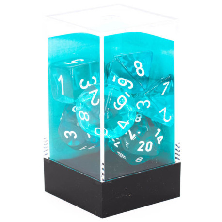 Set de 7 dés Transparents : Sarcelle & Blanc